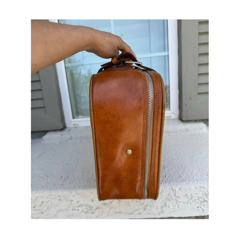 vintage 1970s tan faux-leather carry on suitcase luggage 70s jet set masculine